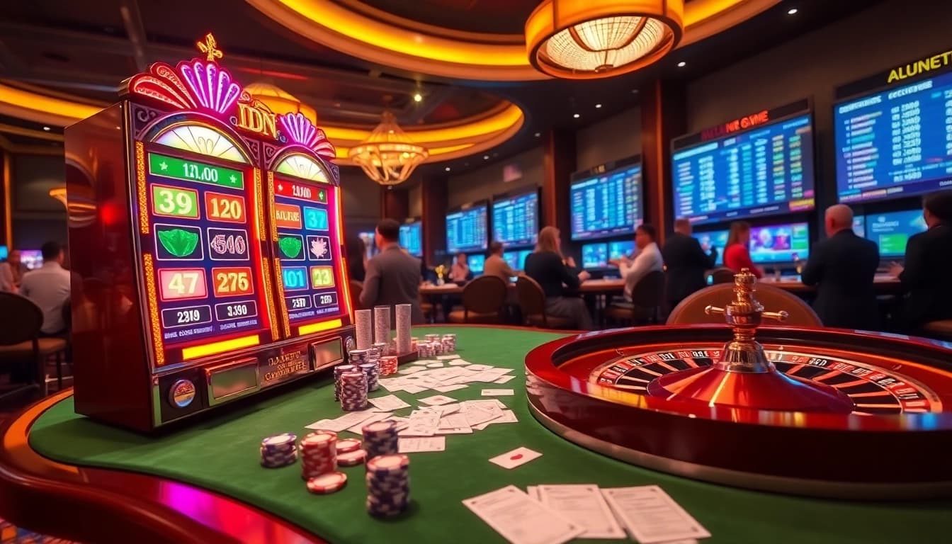 Engaging players enjoying big wins at the IDNslot machine in a vibrant casino setting.