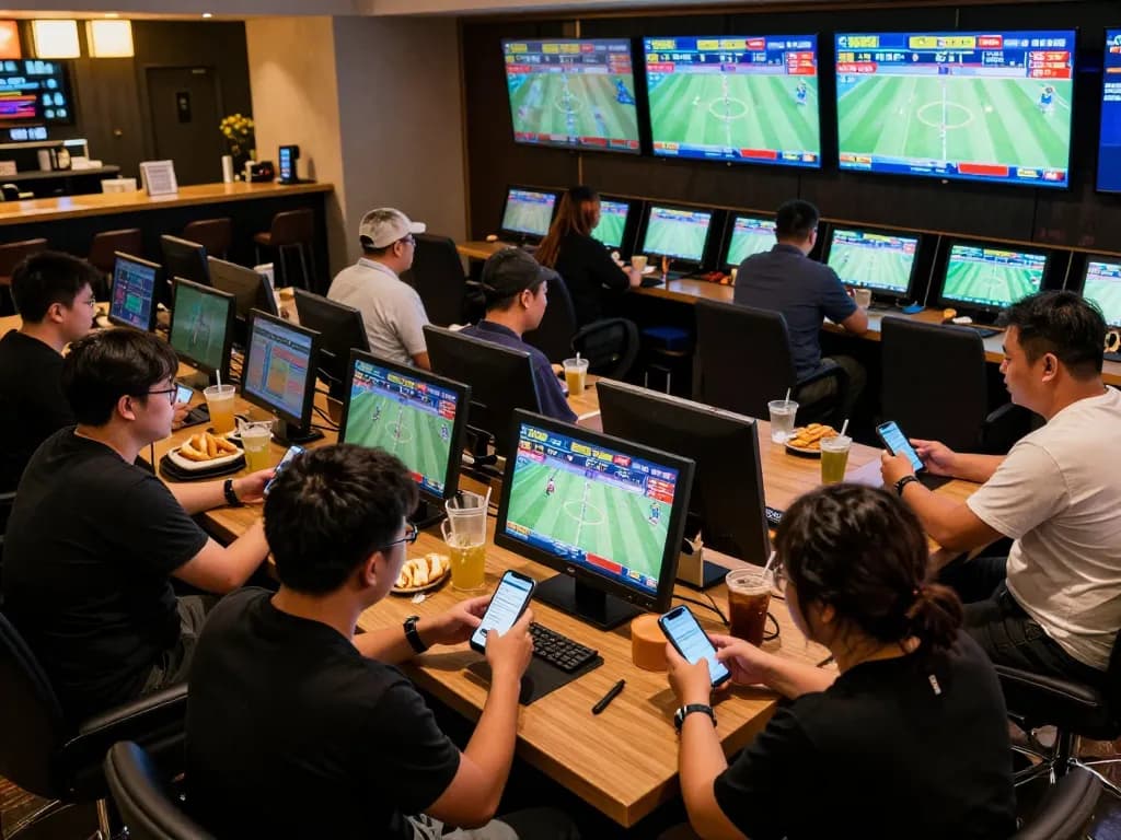 Enthusiastic bettors engaging with sports betting via open88.com in a dynamic sportsbook setting