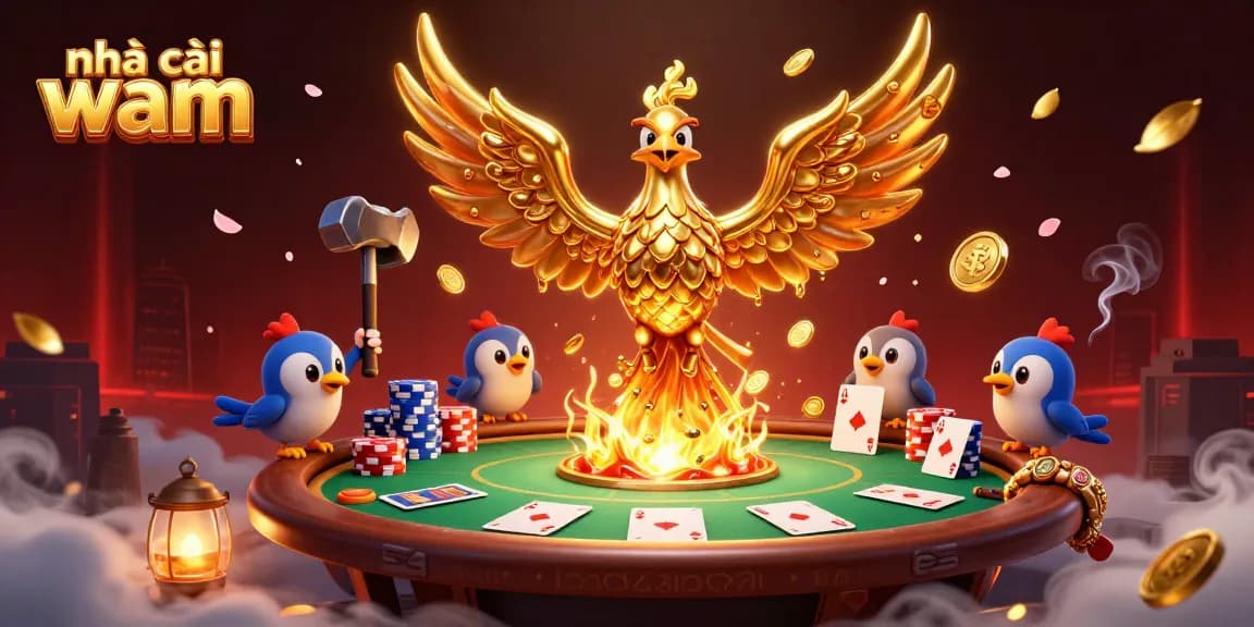Join the excitement at nhà cái vmax with golden phoenix and poker action in this vibrant casino illustration.