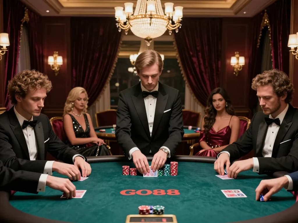 High-stakes gameplay at GO88 featuring players in tuxedos in an elegant setting.