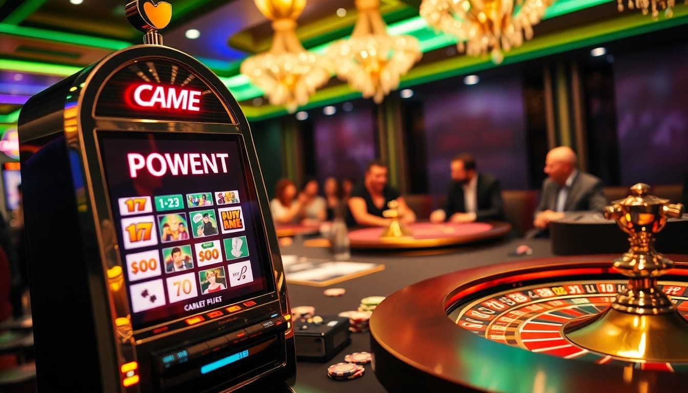 Players enjoying the thrilling POWERNET slot machine experience in a vibrant casino atmosphere.