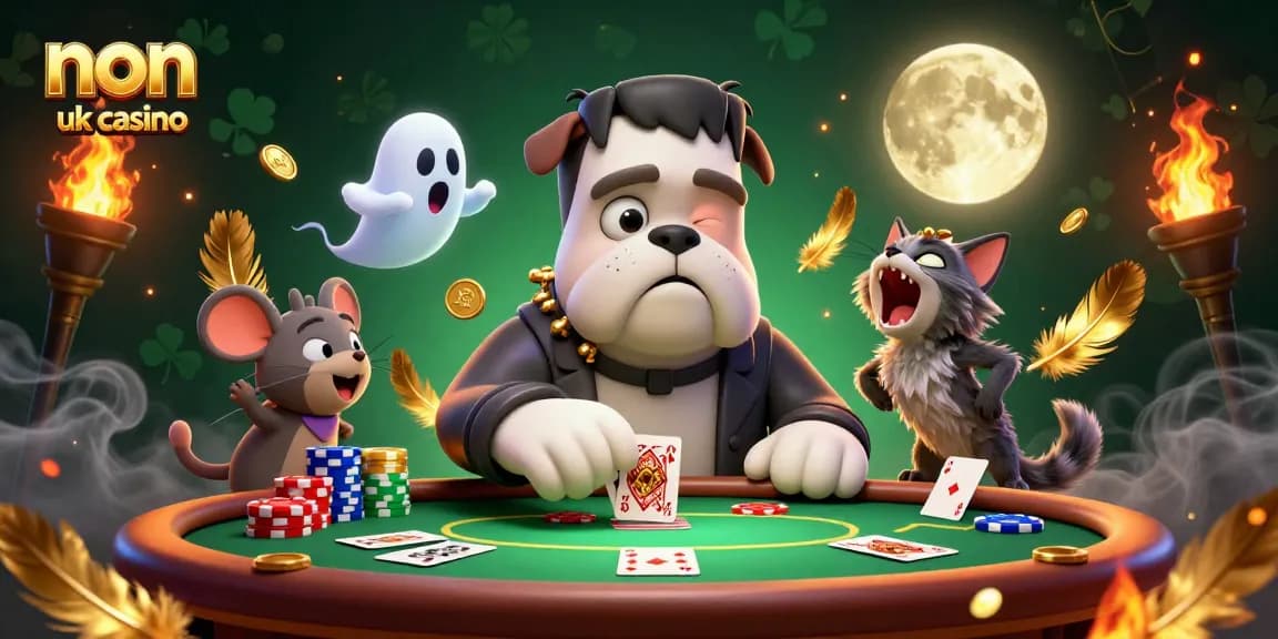 Play exciting games at a non uk casino with the Frankenstein bulldog dealer and spooky elements.