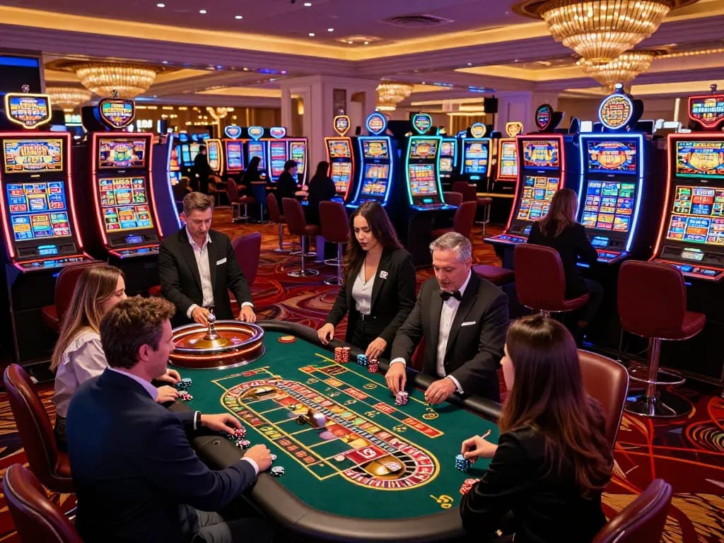 Players engaging in energetic roulette gameplay in a vibrant Go8 Las Vegas casino, with colorful lights and a professional dealer.