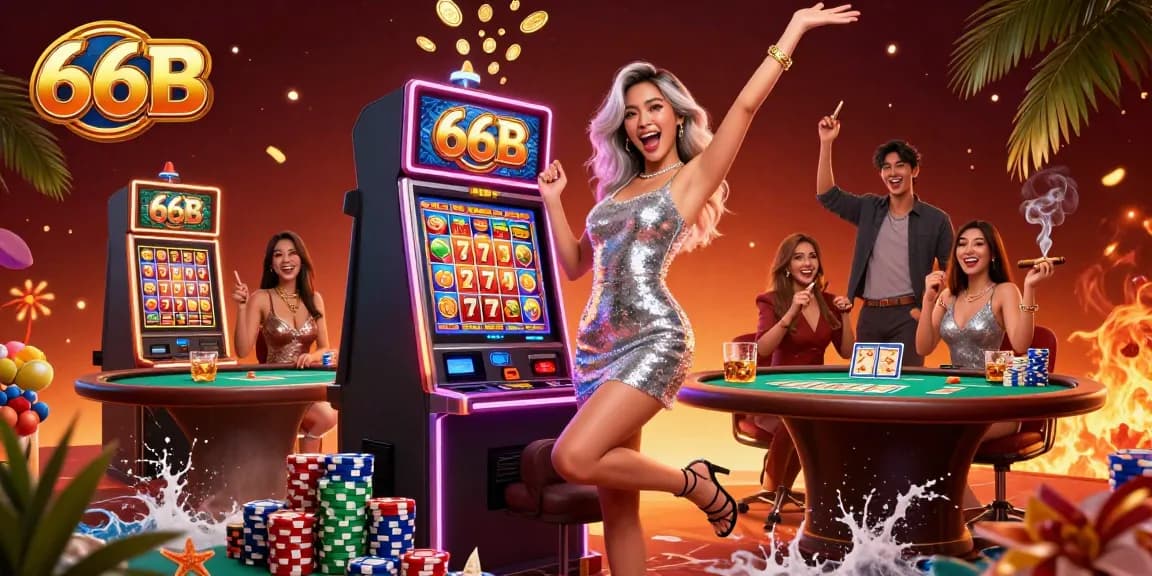 Celebrate big wins at 66B with a glamorous slot machine jackpot scene featuring exciting casino elements.