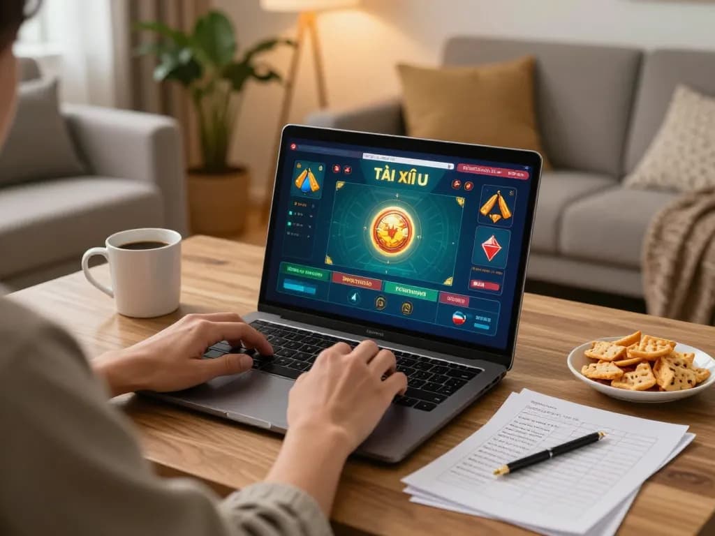 Tài xỉu online gameplay on laptop in a cozy home setting with warm lighting and strategic notes.