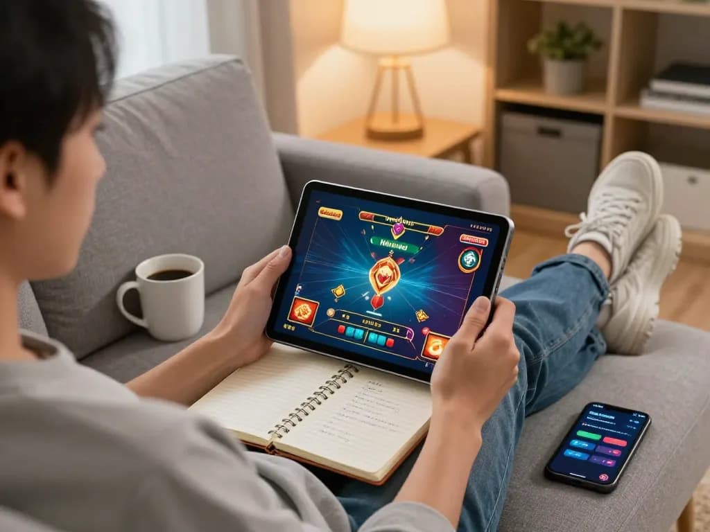 Player engages in online casino gaming at home using the Nhà cái KONG88 app on a tablet, surrounded by a cozy atmosphere.