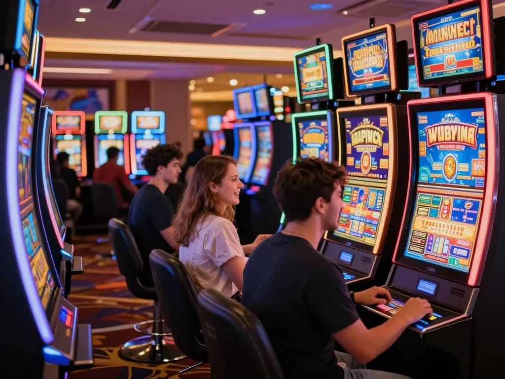 Players celebrating wins on slot 4D machines in a vibrant casino atmosphere