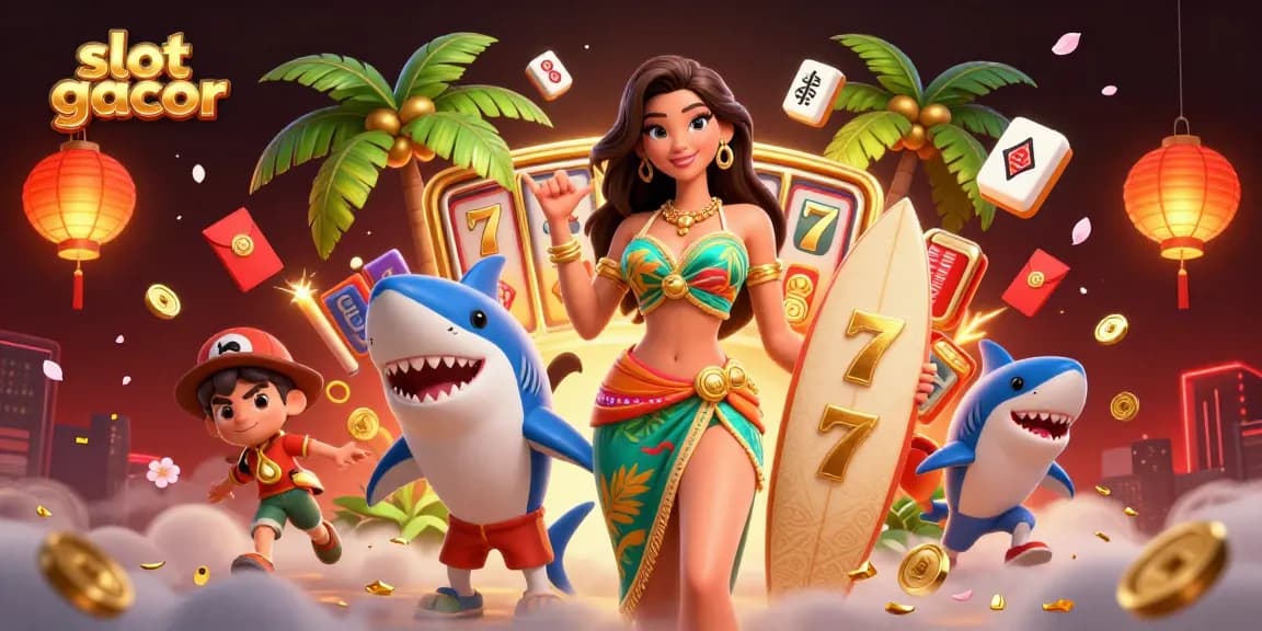 Experience thrilling slot gacor action with a glamorous beach goddess and her playful shark companion.