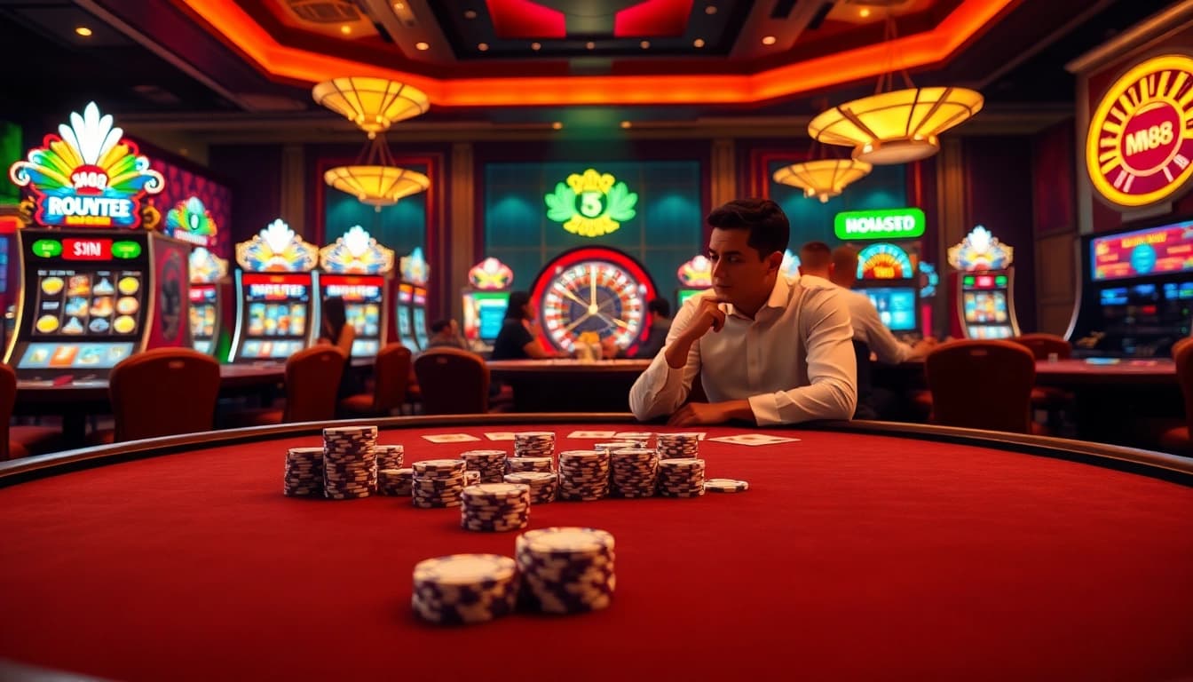 Players enjoying poker at a luxurious MM88 casino table, radiating excitement and strategy.