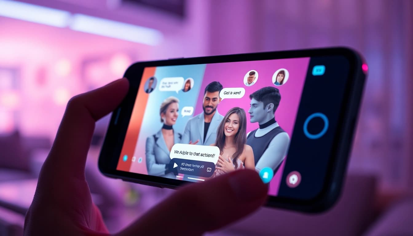 Engaging AI sexchat interface showcasing diverse characters in a warm, inviting environment.