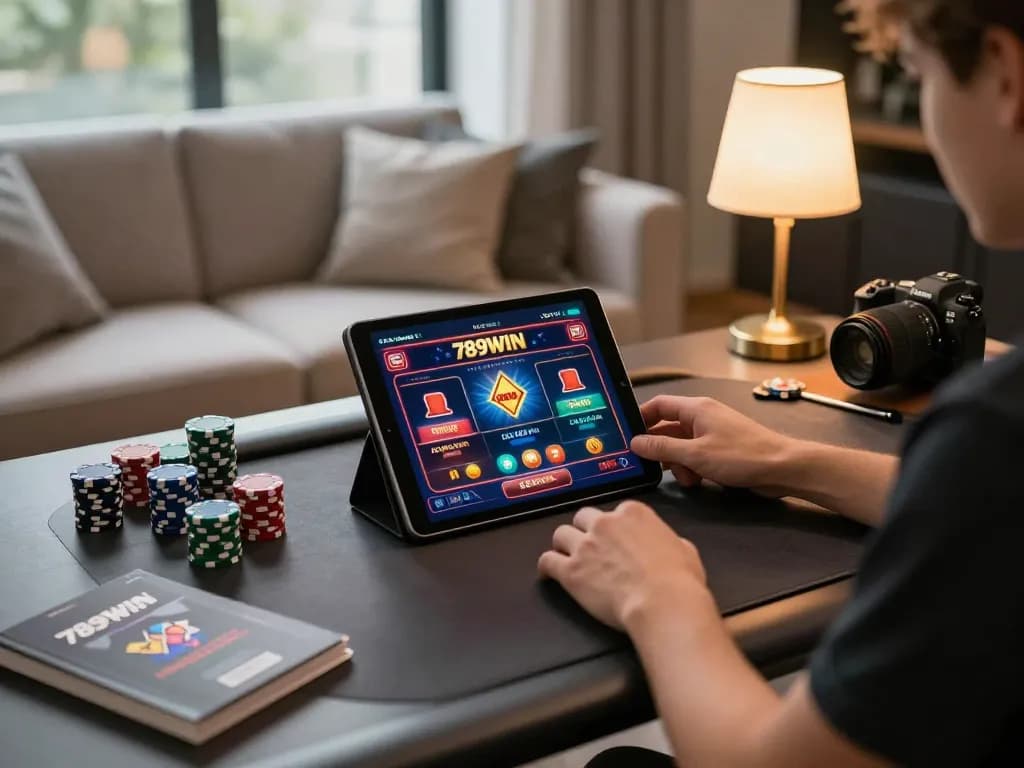 Engaged player using the 789WIN tablet for online gaming with vibrant interface in a cozy setting.