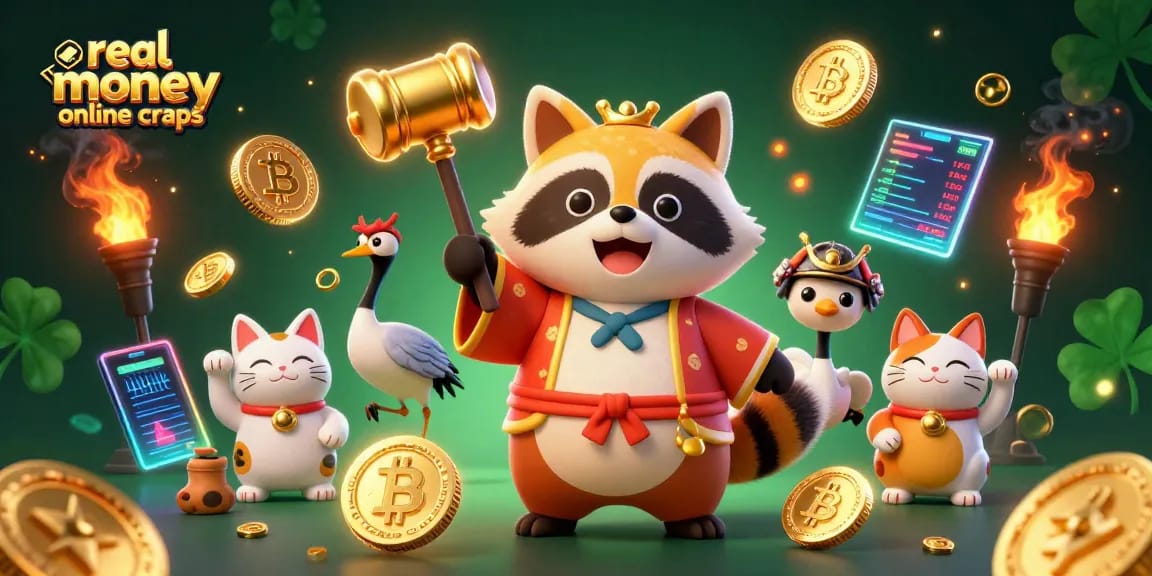 Engage with real money online craps in a vibrant scene with a cheerful tanuki and crypto elements.