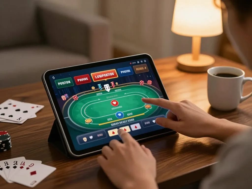 Sun win engaging mobile gaming experience with poker game on tablet in cozy home setting