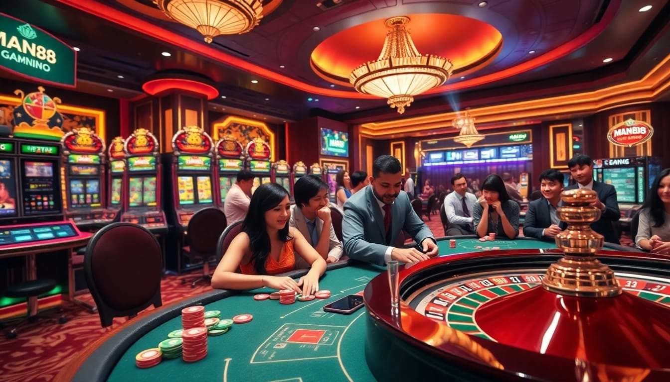 Engaging casino scene depicting players at Man88 gaming tables with vibrant roulette wheel and colorful chips.
