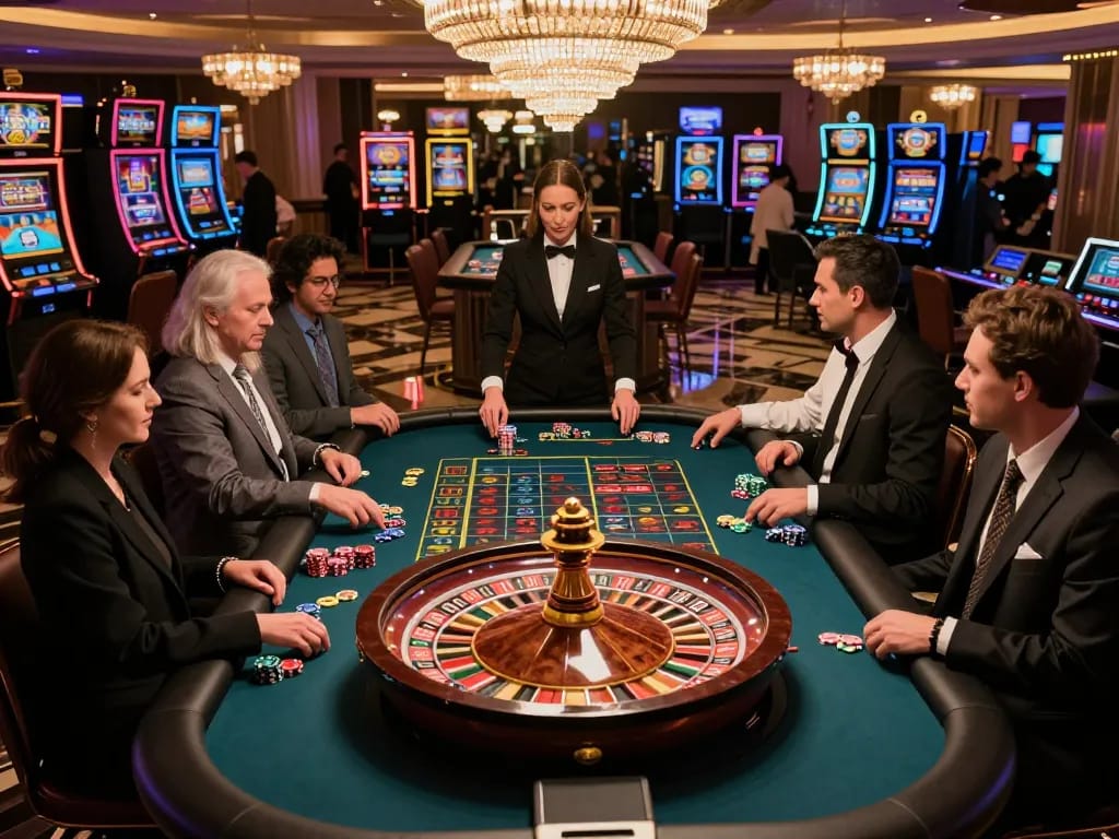 Engaged players at roulette table in an elegant casino setting enjoying mb66 gaming excitement