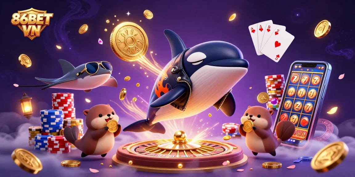 Experience exhilarating gaming action with 86BET VN as orca and otters celebrate winning golden coins.