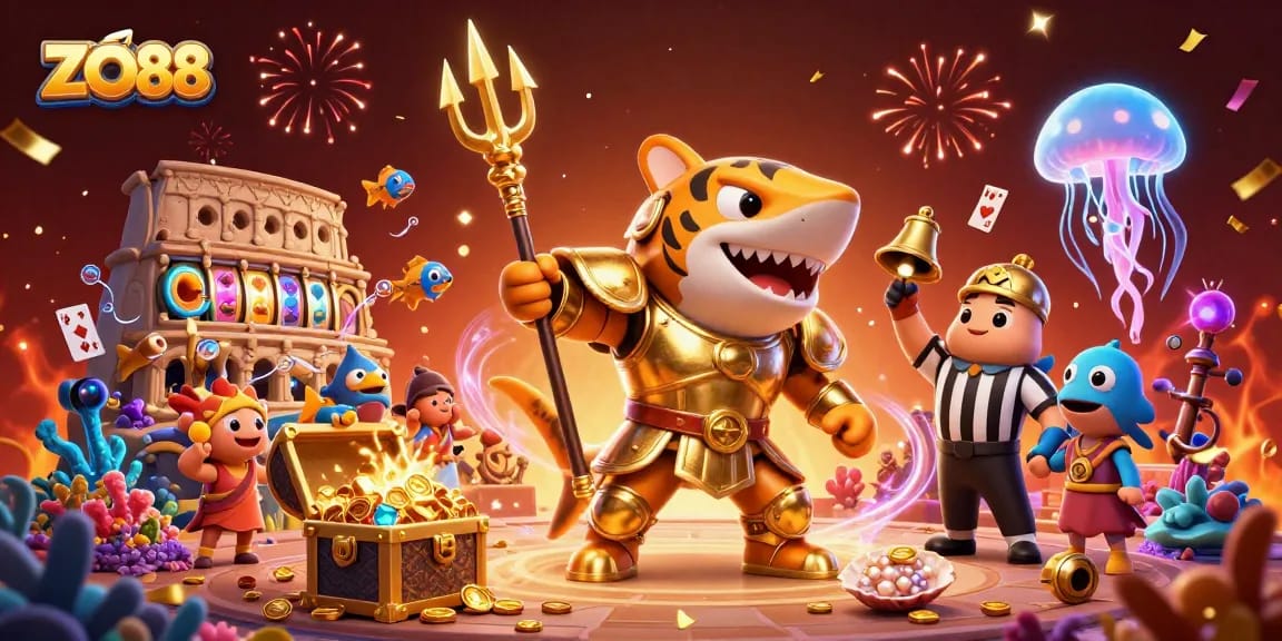 Experience thrilling gameplay at ZO88 with an epic underwater casino scene featuring a shark gladiator.