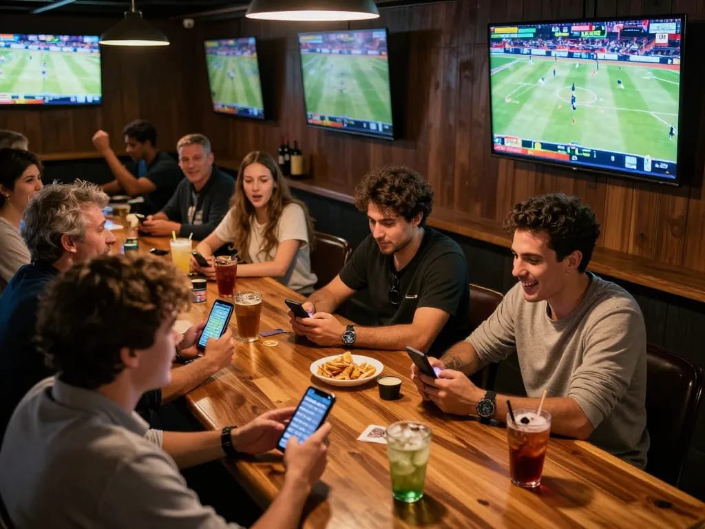 Exciting sports betting scene showcasing patrons analyzing odds and celebrating wins at a lively sports bar, focusing on soi keo nha cai.