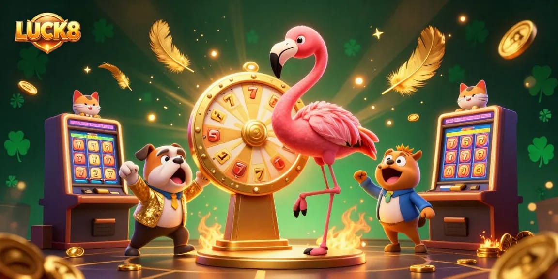 Exciting new gaming opportunities at LUCK8 with a vibrant casino scene featuring energetic characters and slot machines.