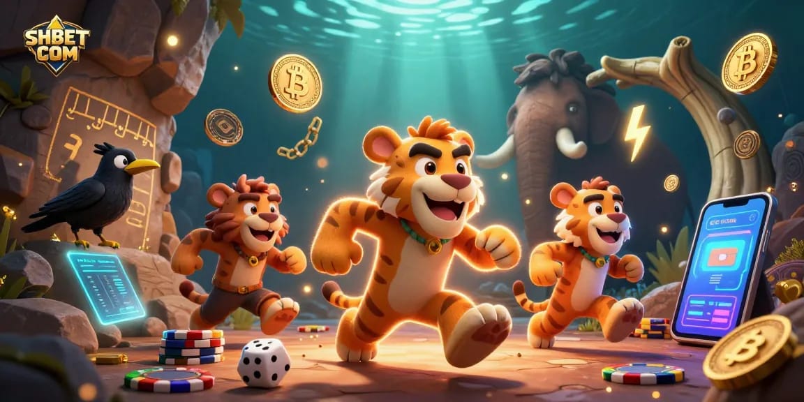 Engage in thrilling gameplay at SHBET COM with a dynamic prehistoric casino scene featuring cartoon characters and crypto elements.