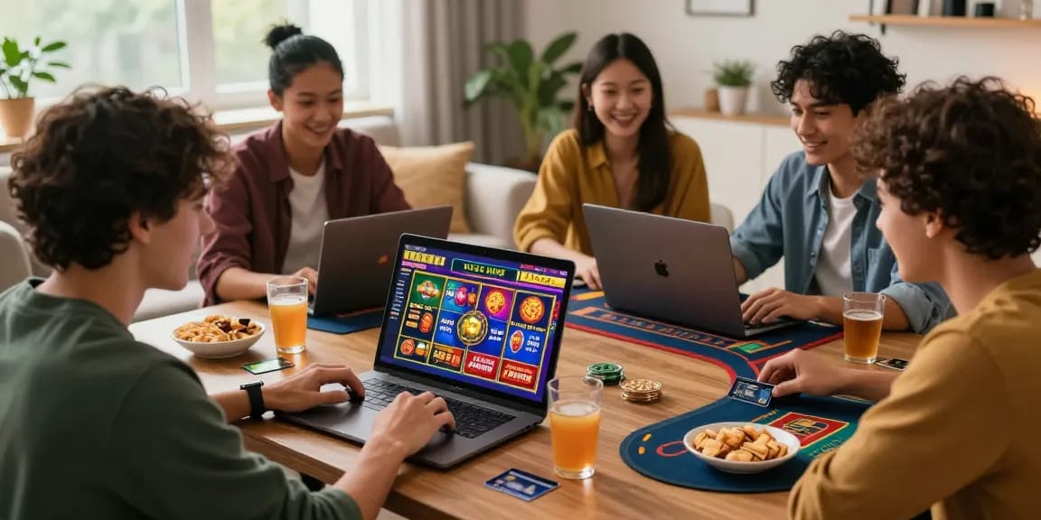 Friends enjoying a lively online casino gaming session at home with credit card payment options at https://dea.org.uk.