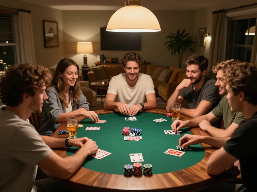 Players enjoying a lively poker game at home illustrating friendly gambling among casinos not on gamstop.