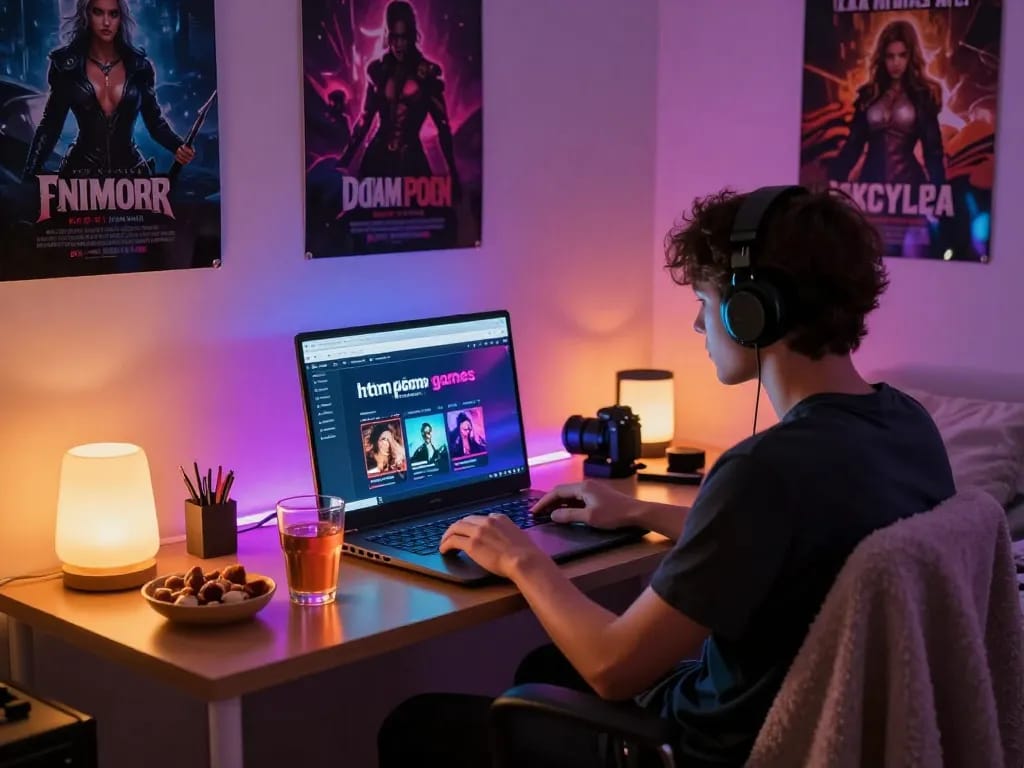 Engaging scene of a person playing html porn games on a laptop in a cozy bedroom.