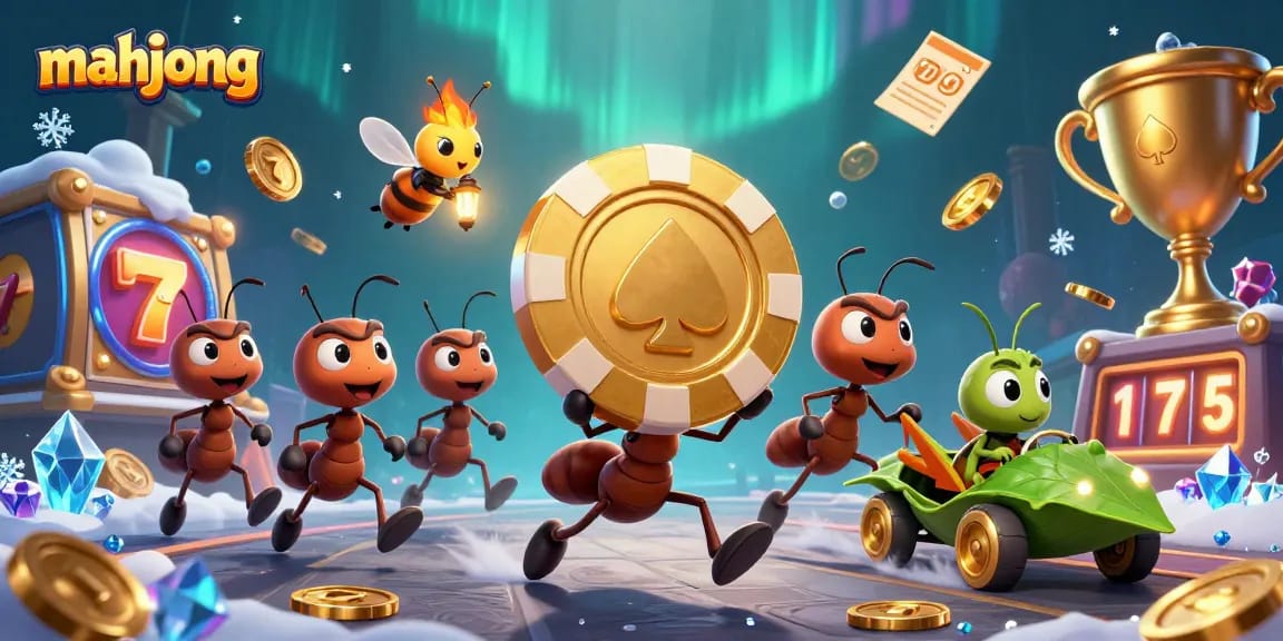 Join the exciting world of mahjong with animated ants, cozy ambiance, and vibrant gaming elements.