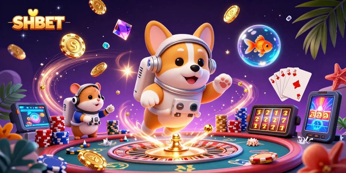 Experience the thrilling action at SH BET with a 3D casino scene featuring animated characters and colorful gambling elements.