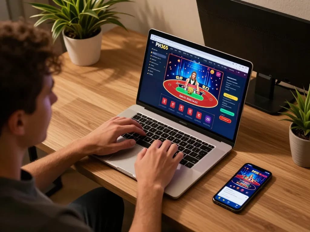 Player engaging in live casino games on PH365 through a stylish laptop, showcasing online gaming dynamics