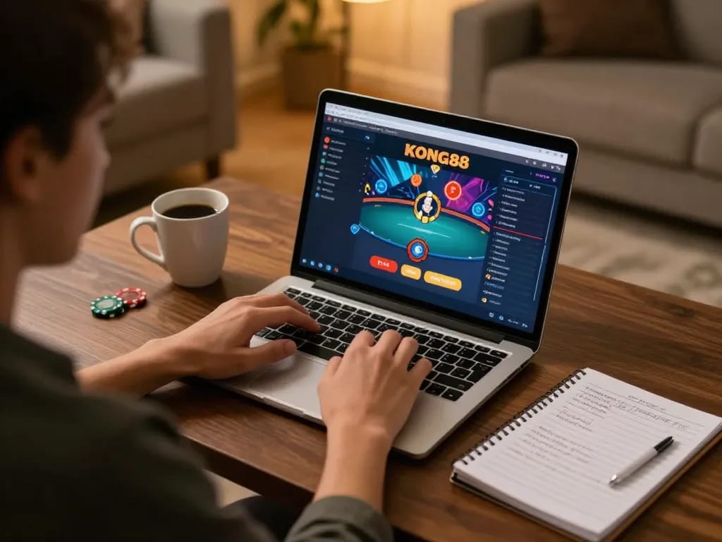 KONG88 online gaming session featuring poker interface on a laptop in a cozy home setting