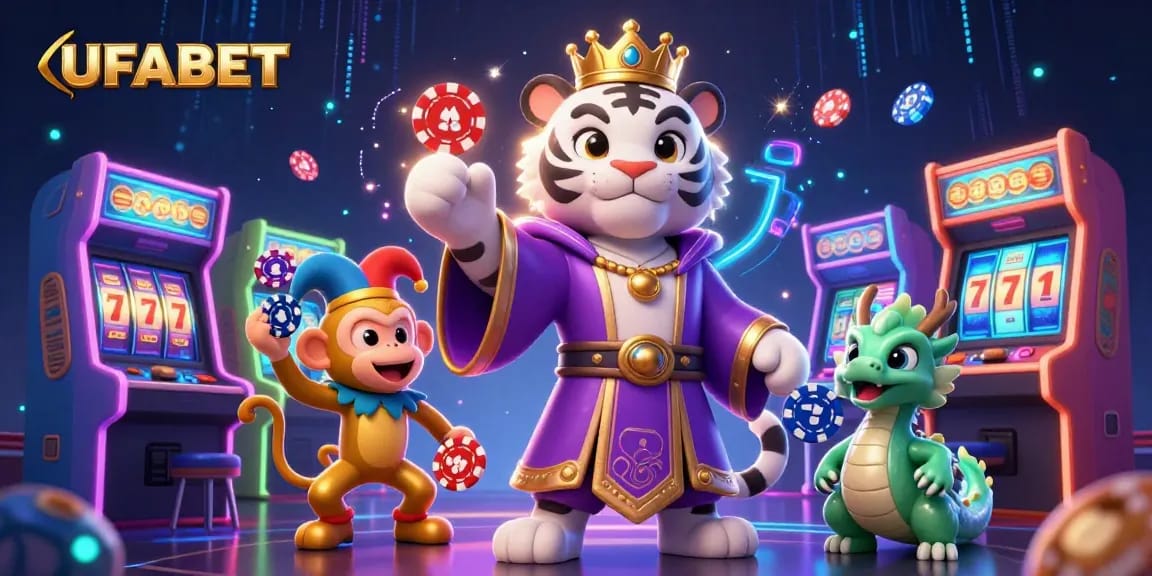 Experience UFABET's vibrant gambling world with a lively scene featuring a cartoon white tiger, monkey, and jade dragon.