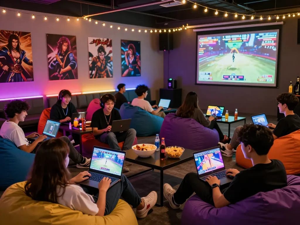 Excited players enjoying porngames in a vibrant gaming lounge with colorful LED lights.