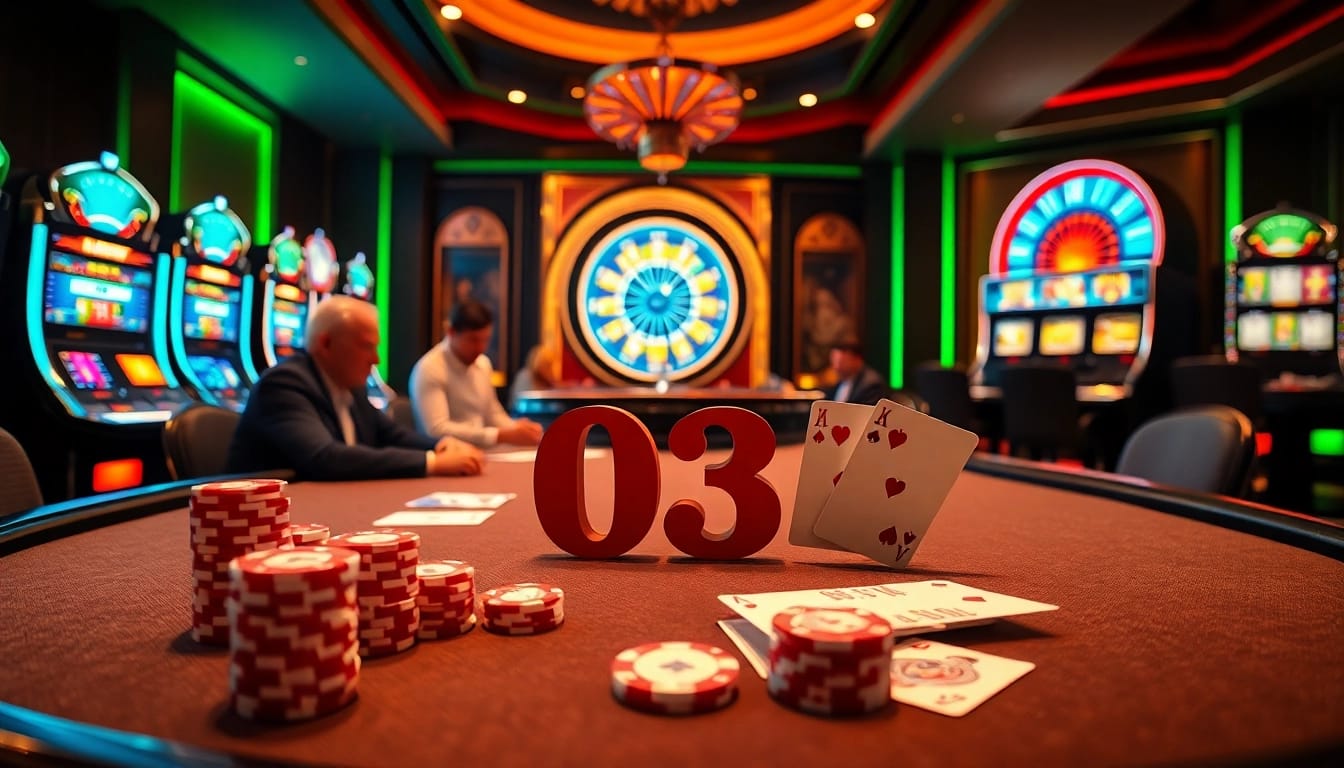 Experience luxury and excitement in the thrilling kkwin 03 casino scene with poker tables and vibrant slot machines.