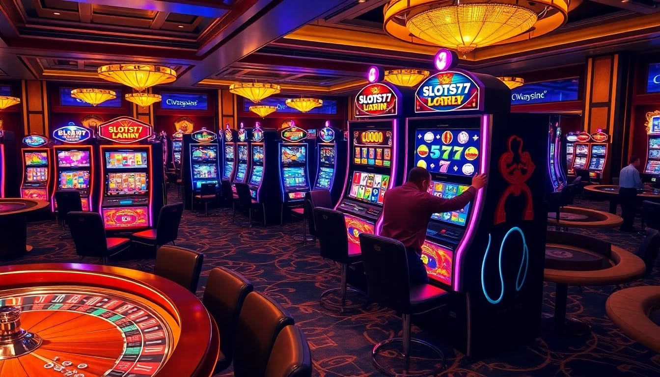 Engaged player experiencing excitement at a slots777 machine in a luxurious casino setting.