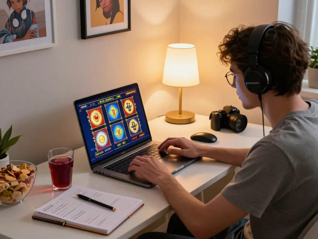 Sesi permainan online yang menarik dengan seorang pemain menikmati permainan slot di laptop di rumah.