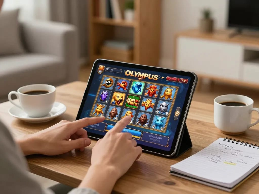 Engaged player enjoying olympus slot on a tablet while analyzing strategy notes.