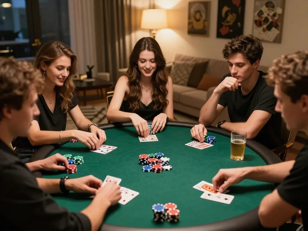Kenzototo menyelenggarakan malam poker di rumah yang meriah dengan teman-teman bermain kartu dan menikmati minuman.