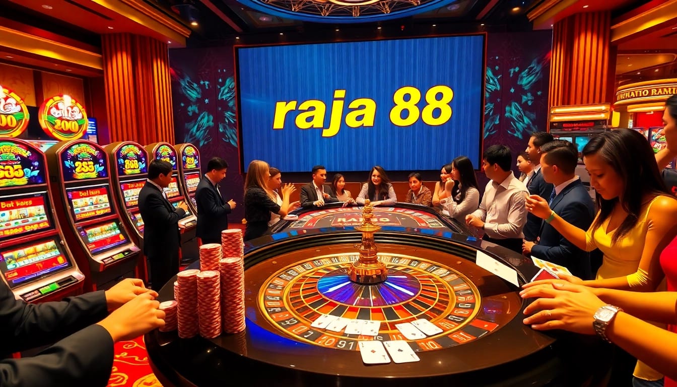 Engaging players enjoy a thrilling table game at a raja 88 casino, surrounded by vibrant slot machines.
