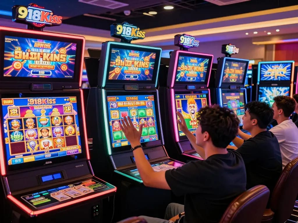 Excited players enjoying free credit 918kiss in a vibrant casino gaming lounge atmosphere with colorful lighting.