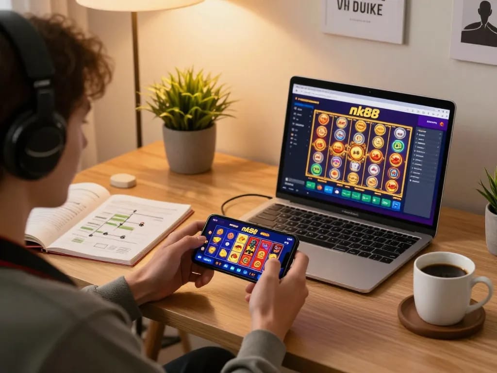 Engaging gameplay on the nk88 casino app captured in a cozy home setting, showcasing excitement and strategy.