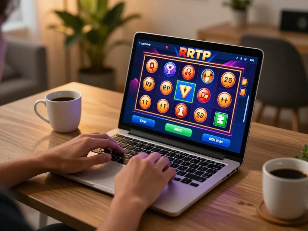 Engaging with slot gacor gampang menang gaming online interface on a laptop, emphasizing strategic gameplay.