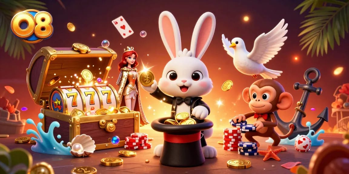 Experience O8's thrilling slots action with a magician rabbit pulling coins, surrounded by vibrant casino elements.
