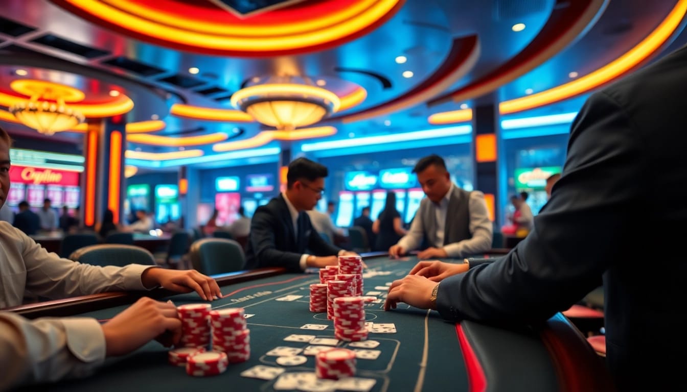 Exciting gameplay at an online casino Singapore with players and vibrant table settings.