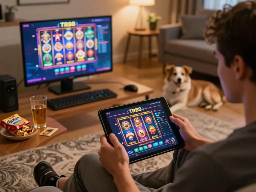 Player engaging with TR88's online gaming interface on a tablet, surrounded by snacks in a cozy home.