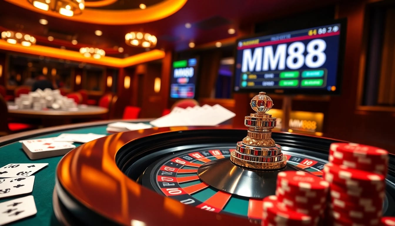Exciting casino ambiance with MM88 branding, featuring a roulette wheel and poker chips.