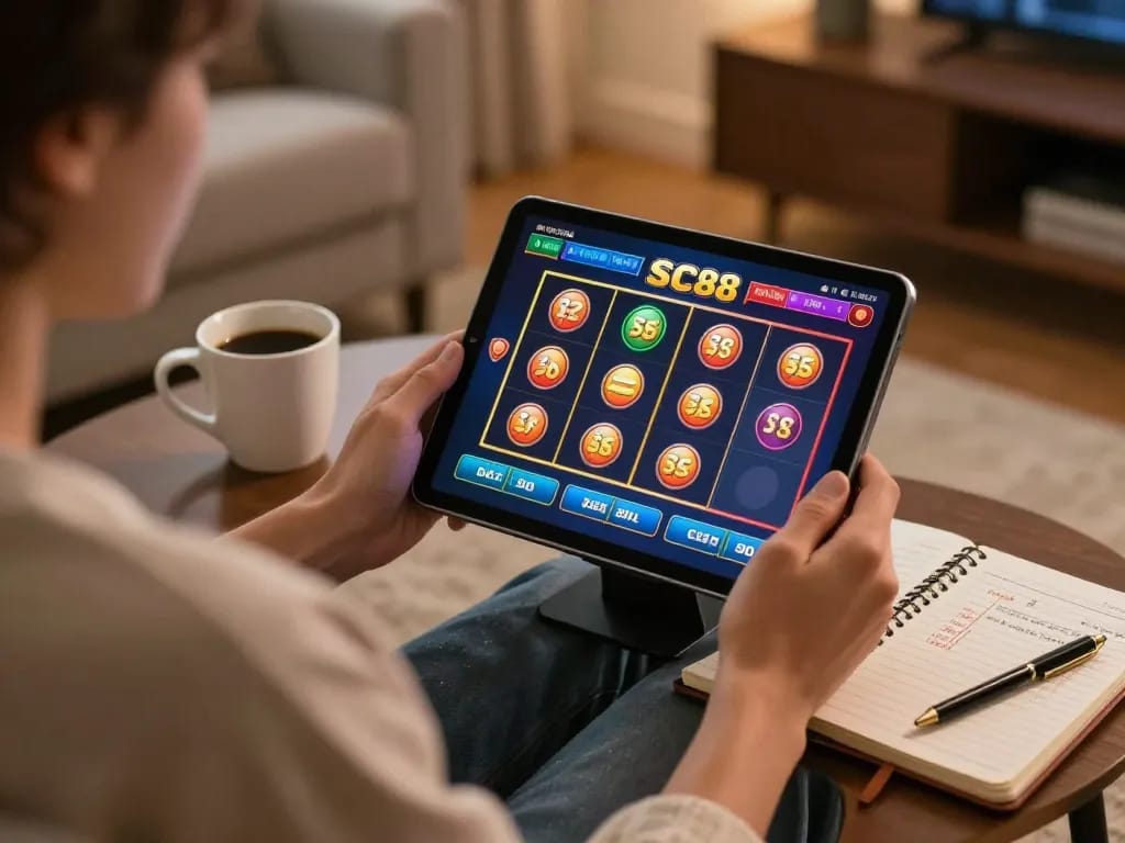 Engaging with SC88 slots on tablet, creating a relaxed gaming atmosphere at home.