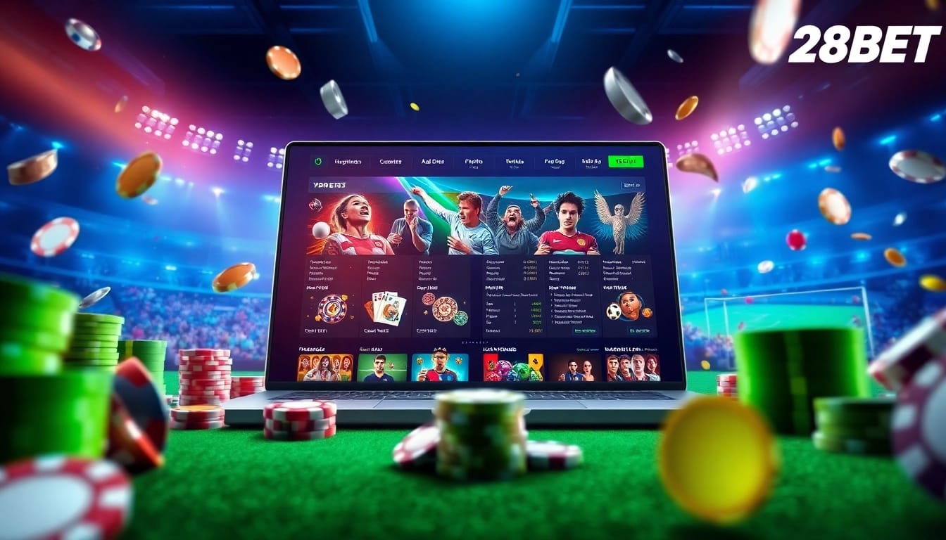 Engaging visual representing nhà cái 28BET's dynamic online gambling platform with exciting games and sports betting options.