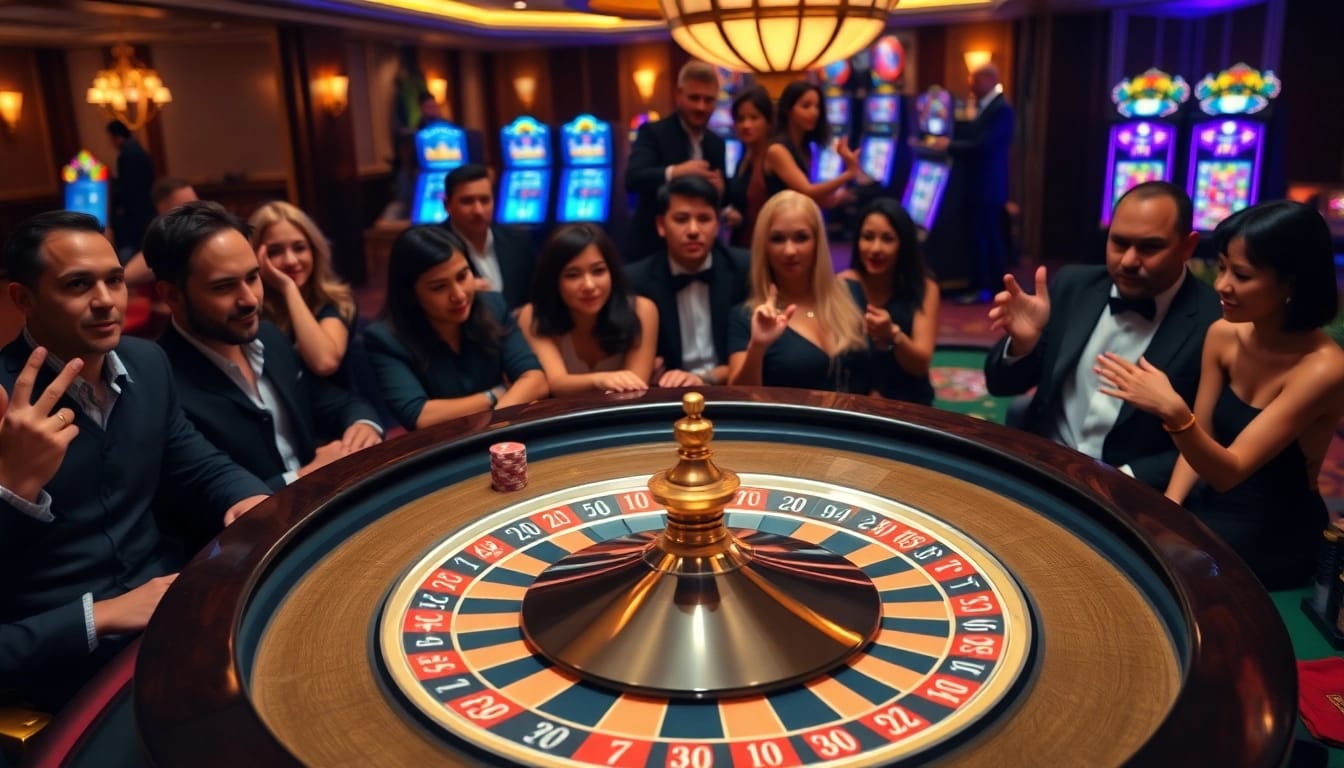 Excited players at an AU88 branded casino table enjoying poker and roulette.