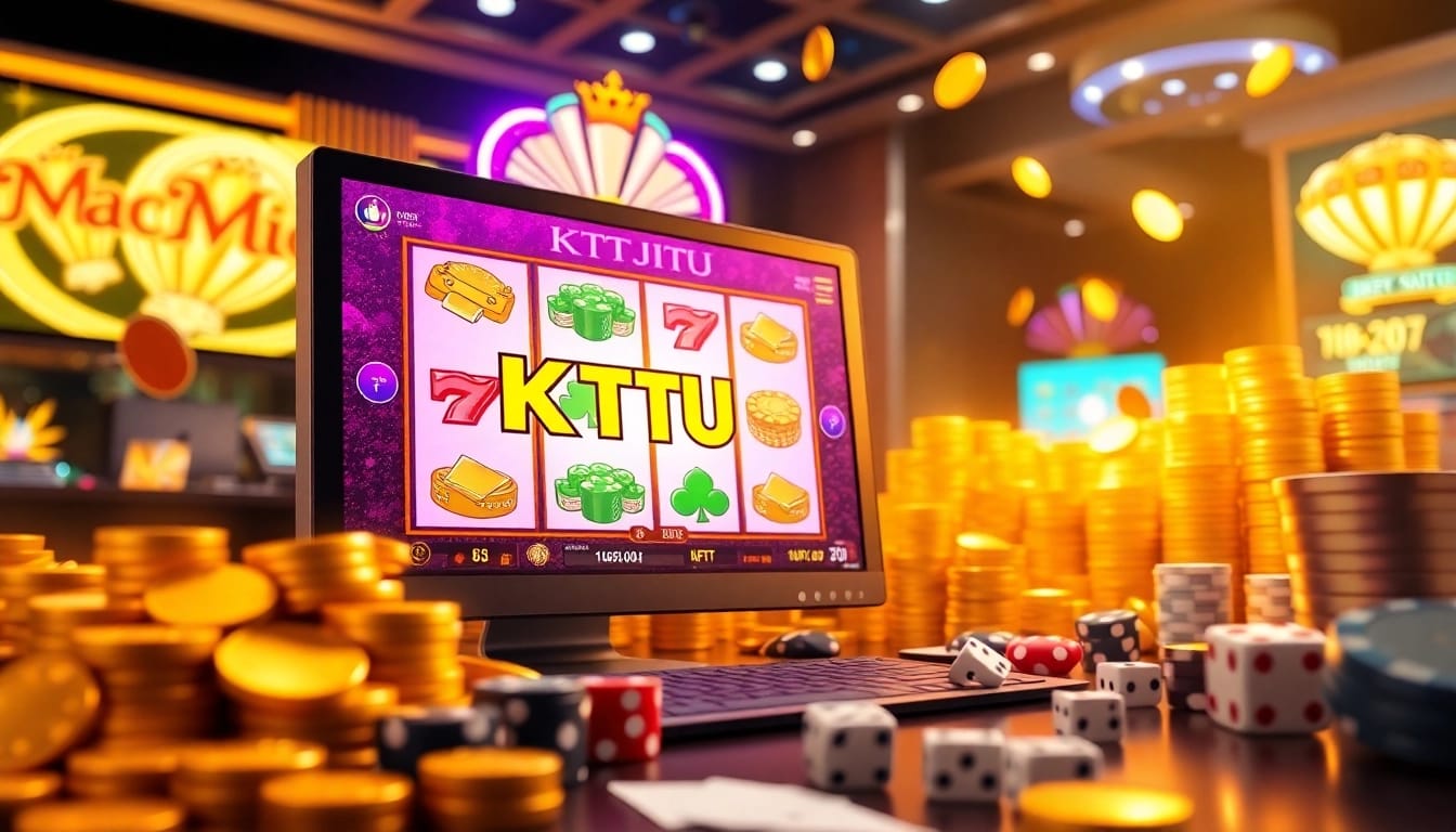 KTPJITU login interface showcased on a vibrant online casino screen surrounded by poker chips and coins.